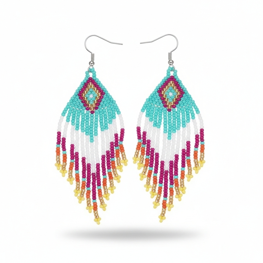 🆕️ Artisan Handmade Vibrant Beaded Fringe Earrings